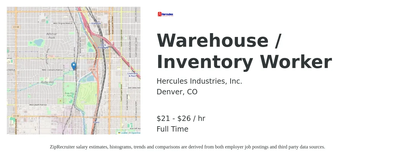 Hercules Industries, Inc. job posting for a Warehouse / Inventory Worker in Denver, CO with a salary of $22 to $27 Hourly with a map of Denver location.