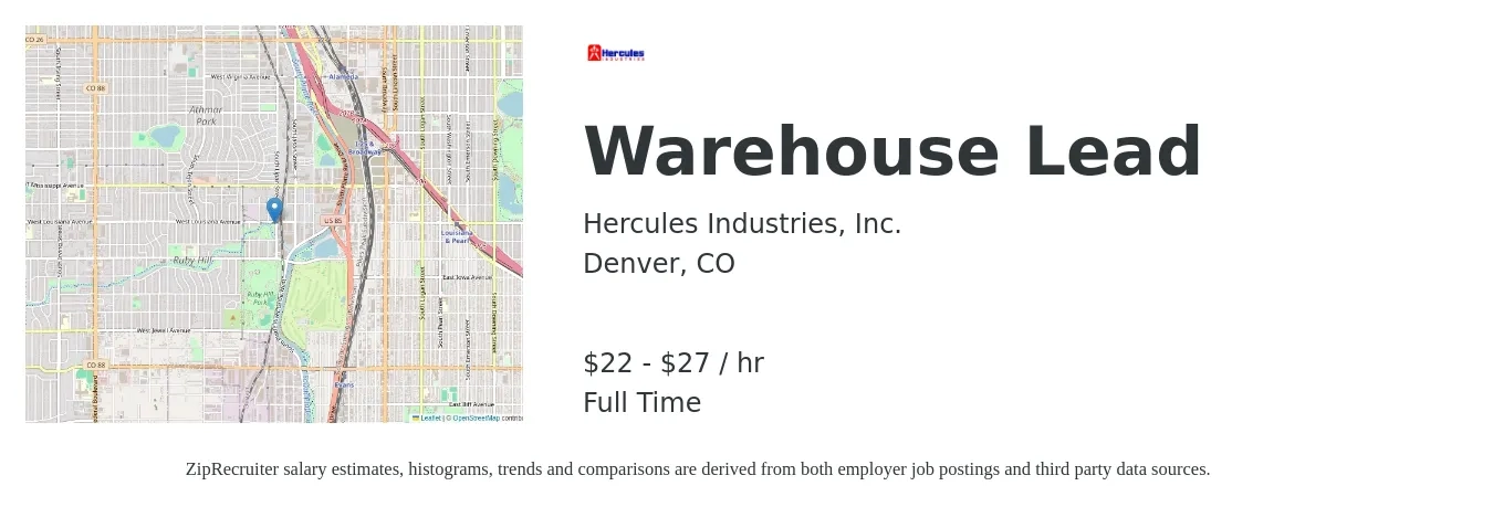 Hercules Industries, Inc. job posting for a Warehouse Lead in Denver, CO with a salary of $23 to $28 Hourly with a map of Denver location.