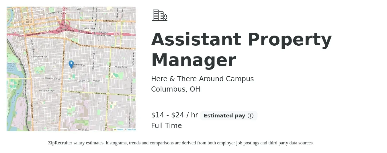 Here & There Around Campus job posting for a Assistant Property Manager in Columbus, OH with a salary of $15 to $25 Hourly and benefits including pto with a map of Columbus location.