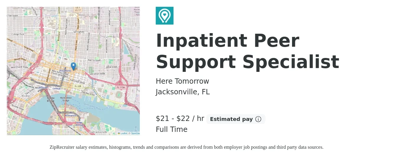 Here Tomorrow job posting for a Inpatient Peer Support Specialist in Jacksonville, FL with a salary of $22 to $23 Hourly with a map of Jacksonville location.