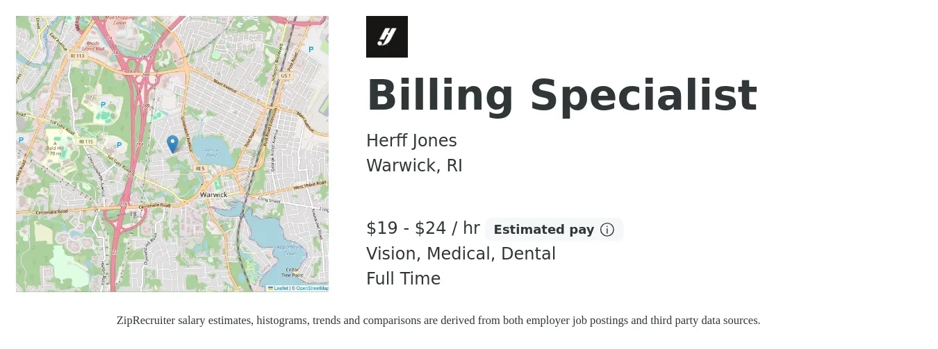 Herff Jones job posting for a Billing Specialist in Warwick, RI with a salary of $20 to $25 Hourly and benefits including dental, medical, pto, retirement, and vision with a map of Warwick location.