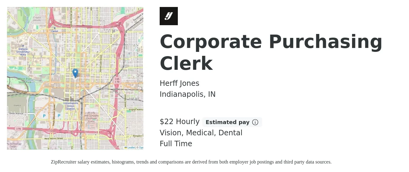 Herff Jones job posting for a Corporate Purchasing Clerk in Indianapolis, IN with a salary of $23 Hourly and benefits including dental, life_insurance, medical, pto, retirement, and vision with a map of Indianapolis location.