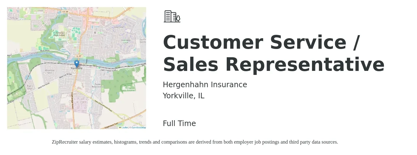 Hergenhahn Insurance job posting for a Customer Service / Sales Representative in Yorkville, IL with a salary of $18 to $27 Hourly with a map of Yorkville location.