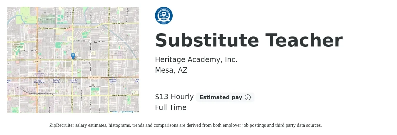 Heritage Academy, Inc. job posting for a Substitute Teacher in Mesa, AZ with a salary of $14 Hourly with a map of Mesa location.