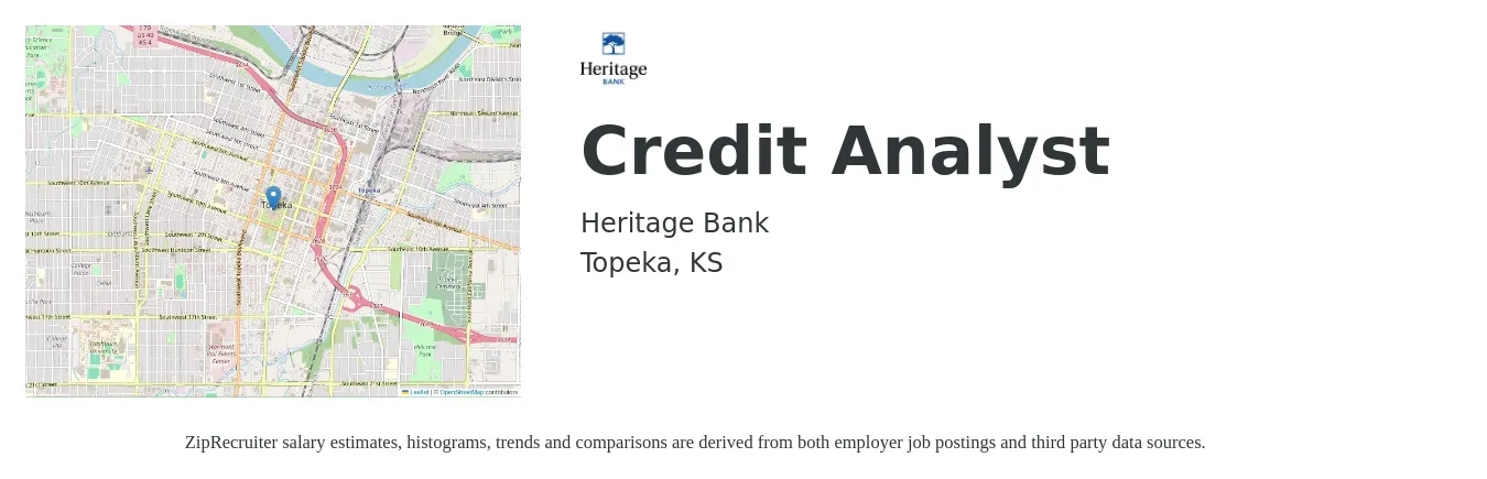 Heritage Bank job posting for a Credit Analyst in Topeka, KS with a salary of $22 to $33 Hourly with a map of Topeka location.