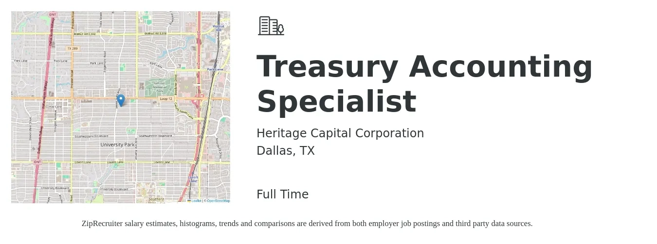 Heritage Capital Corporation job posting for a Treasury Accounting Specialist in Dallas, TX with a salary of $20 to $28 Hourly with a map of Dallas location.