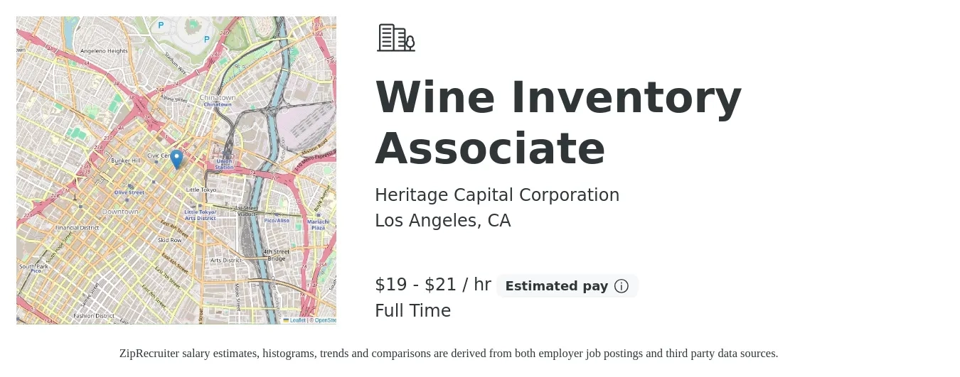 Heritage Capital Corporation job posting for a Wine Inventory Associate in Los Angeles, CA with a salary of $20 to $22 Hourly with a map of Los Angeles location.