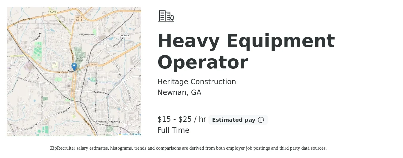 Heritage Construction job posting for a Heavy Equipment Operator in Newnan, GA with a salary of $16 to $26 Hourly and benefits including pto with a map of Newnan location.