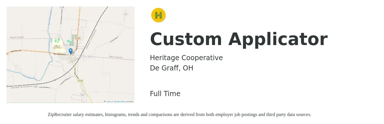 Heritage Cooperative job posting for a Custom Applicator in De Graff, OH with a salary of $16 to $22 Hourly with a map of De Graff location.