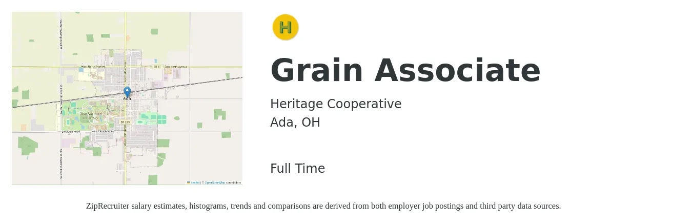 Heritage Cooperative job posting for a Grain Associate in Ada, OH with a salary of $14 to $20 Hourly with a map of Ada location.