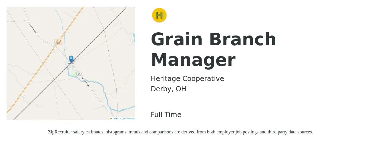 Heritage Cooperative job posting for a Grain Branch Manager in Derby, OH with a salary of $38,200 to $62,300 Yearly with a map of Derby location.