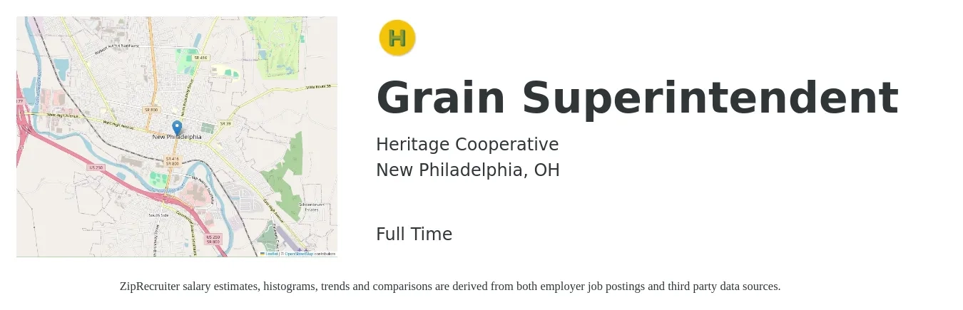 Heritage Cooperative job posting for a Grain Superintendent in New Philadelphia, OH with a salary of $64,000 to $70,500 Yearly with a map of New Philadelphia location.
