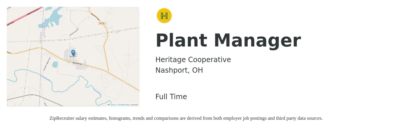 Heritage Cooperative job posting for a Plant Manager in Nashport, OH with a salary of $84,200 to $130,000 Yearly with a map of Nashport location.