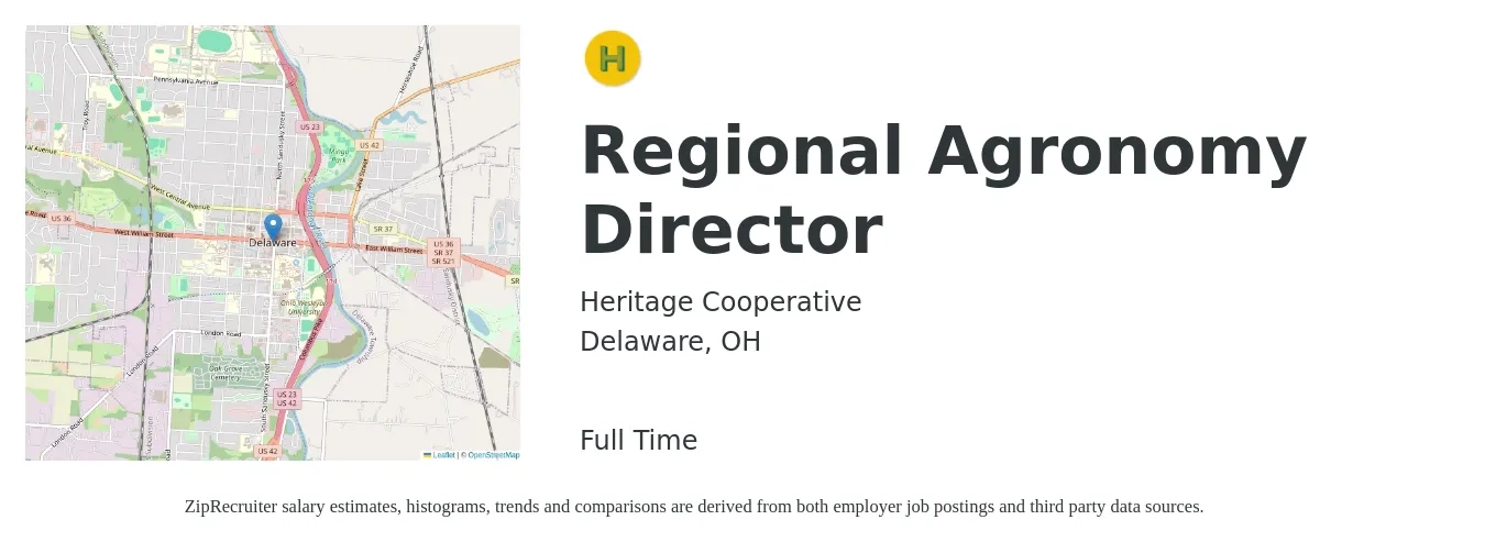 Heritage Cooperative job posting for a Regional Agronomy Director in Delaware, OH with a salary of $90,600 to $133,800 Yearly with a map of Delaware location.