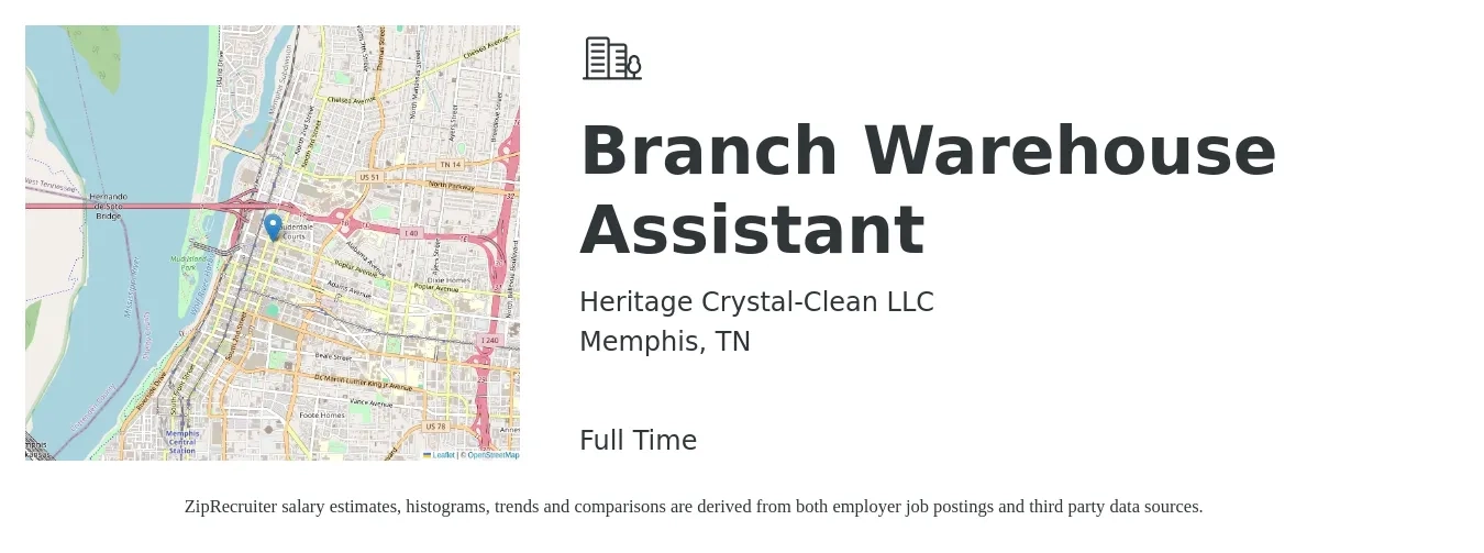 Heritage Crystal-Clean LLC job posting for a Branch Warehouse Assistant in Memphis, TN with a salary of $16 to $19 Hourly with a map of Memphis location.