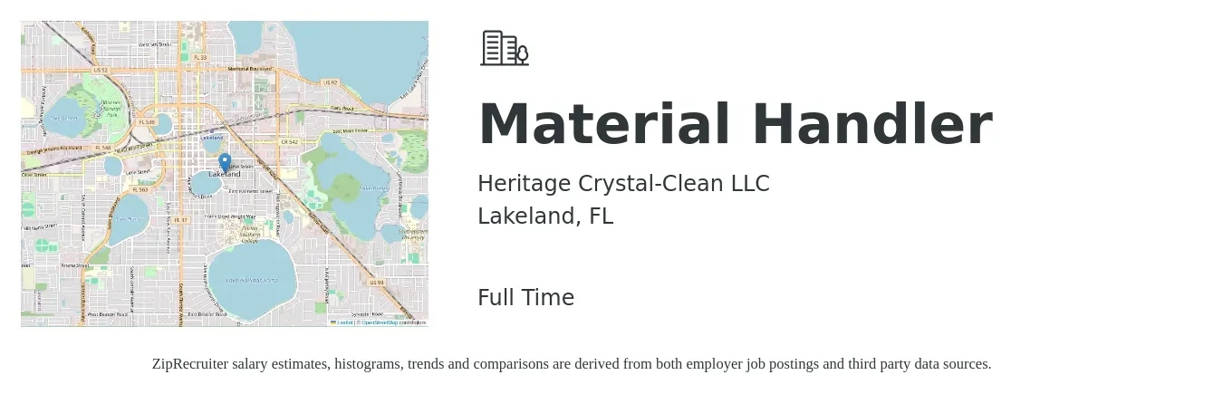 Heritage Crystal-Clean LLC job posting for a Material Handler in Lakeland, FL with a salary of $16 to $19 Hourly with a map of Lakeland location.
