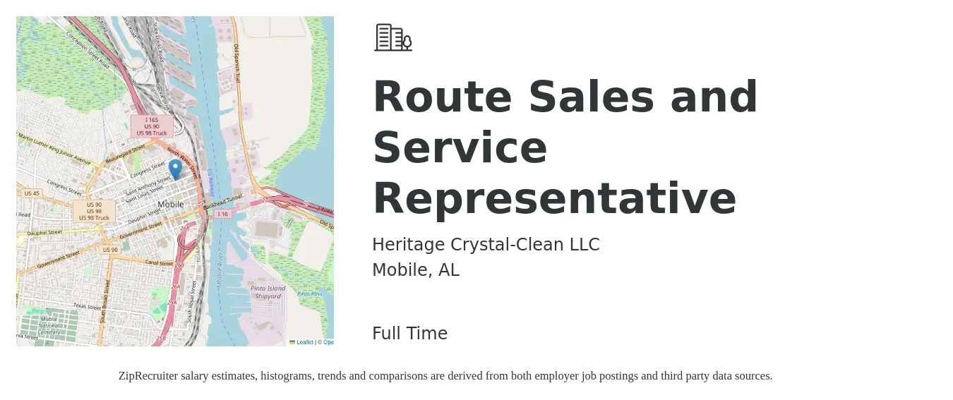 Heritage Crystal-Clean LLC job posting for a Route Sales and Service Representative in Mobile, AL with a salary of $1,100 Weekly with a map of Mobile location.