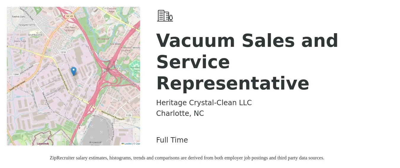 Heritage Crystal-Clean LLC job posting for a Vacuum Sales and Service Representative in Charlotte, NC with a salary of $1,100 Weekly with a map of Charlotte location.