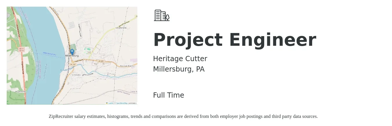 Heritage Cutter job posting for a Project Engineer in Millersburg, PA with a salary of $65,900 to $92,100 Yearly with a map of Millersburg location.