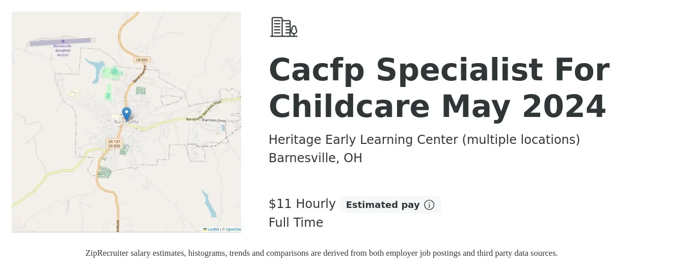 Heritage Early Learning Center (multiple locations) job posting for a Cacfp Specialist For Childcare May 2024 in Barnesville, OH with a salary of $12 Hourly with a map of Barnesville location.