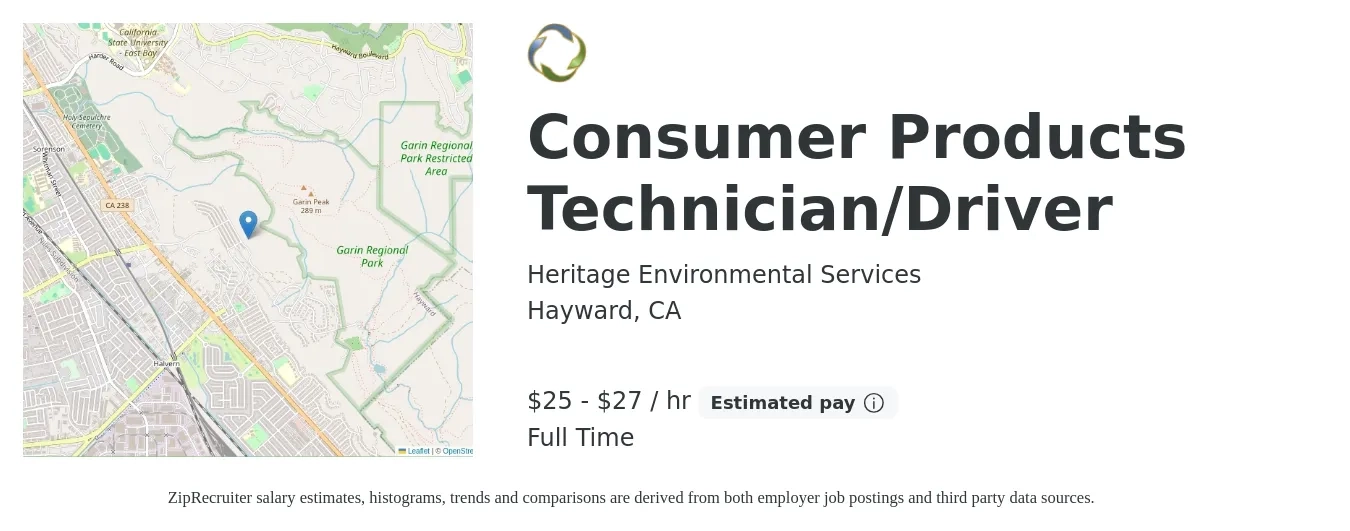 Heritage Environmental Services job posting for a Consumer Products Technician/Driver in Hayward, CA with a salary of $27 to $29 Hourly with a map of Hayward location.