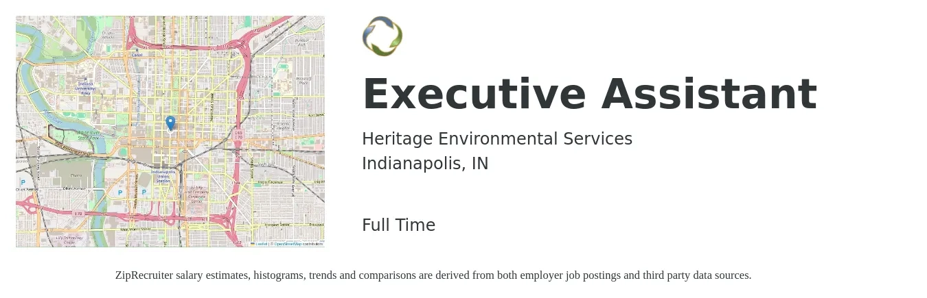 Heritage Environmental Services job posting for a Executive Assistant in Indianapolis, IN with a salary of $47,700 to $71,600 Yearly with a map of Indianapolis location.