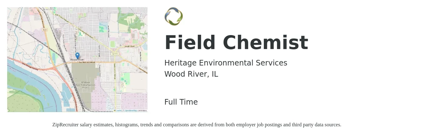 Heritage Environmental Services job posting for a Field Chemist in Wood River, IL with a salary of $19 to $26 Hourly with a map of Wood River location.