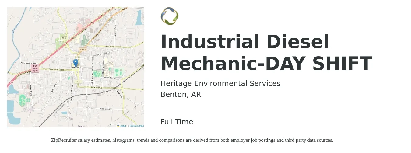 Heritage Environmental Services job posting for a Industrial Diesel Mechanic-DAY SHIFT in Benton, AR with a salary of $17 to $26 Hourly with a map of Benton location.