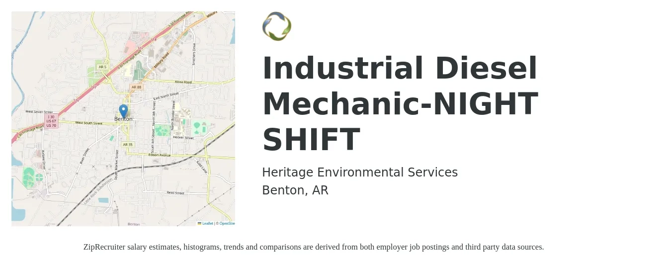 Heritage Environmental Services job posting for a Industrial Diesel Mechanic-NIGHT SHIFT in Benton, AR with a salary of $17 to $26 Hourly with a map of Benton location.