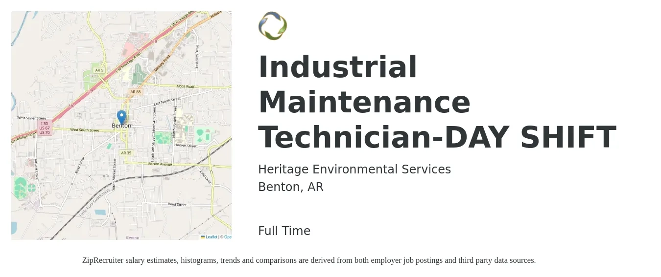 Heritage Environmental Services job posting for a Industrial Maintenance Technician-DAY SHIFT in Benton, AR with a salary of $18 to $26 Hourly with a map of Benton location.