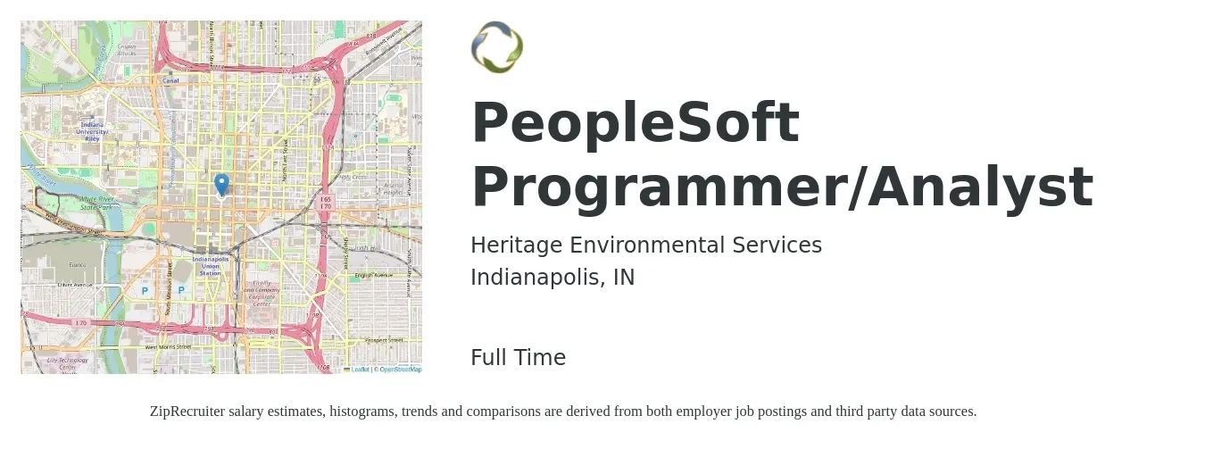 Heritage Environmental Services job posting for a PeopleSoft Programmer/Analyst in Indianapolis, IN with a salary of $68 to $70 Hourly with a map of Indianapolis location.
