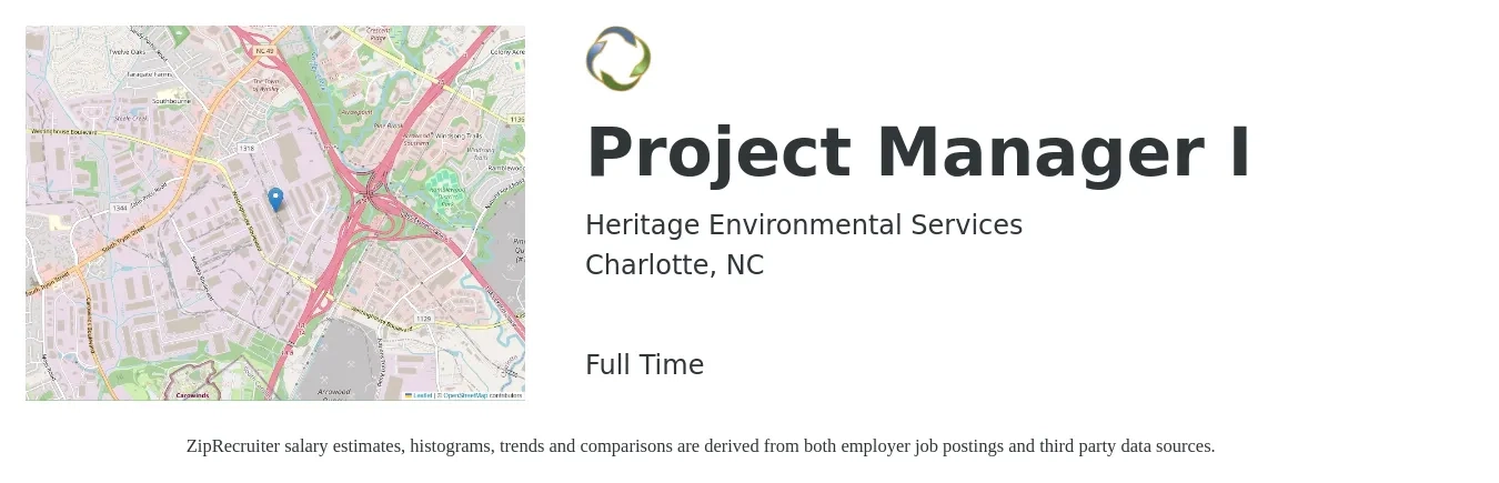 Heritage Environmental Services job posting for a Project Manager I in Charlotte, NC with a salary of $71,900 to $108,300 Yearly with a map of Charlotte location.