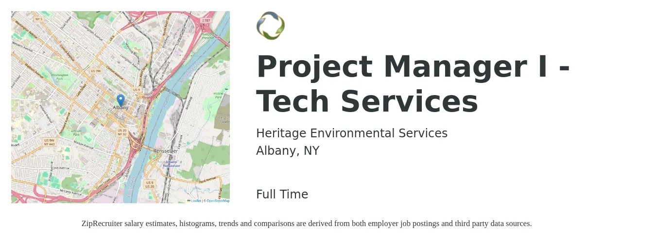 Heritage Environmental Services job posting for a Project Manager I - Tech Services in Albany, NY with a salary of $75,000 to $77,000 Yearly with a map of Albany location.