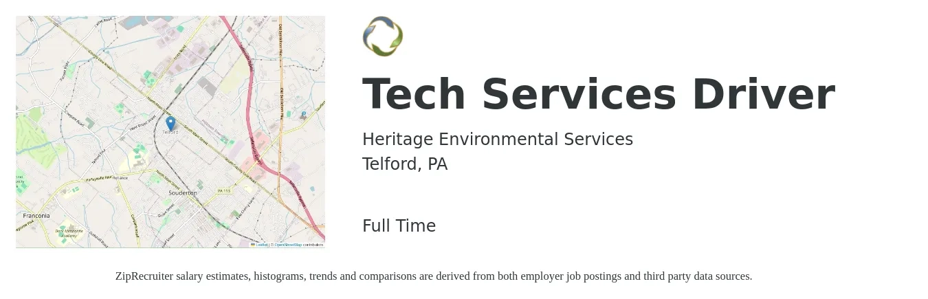 Heritage Environmental Services job posting for a Tech Services Driver in Telford, PA with a salary of $25 to $42 Hourly with a map of Telford location.