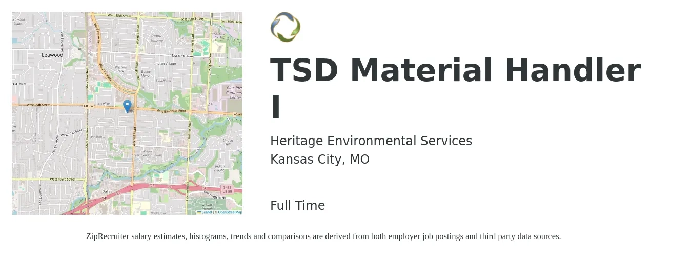 Heritage Environmental Services job posting for a TSD Material Handler I in Kansas City, MO with a salary of $16 to $19 Hourly with a map of Kansas City location.