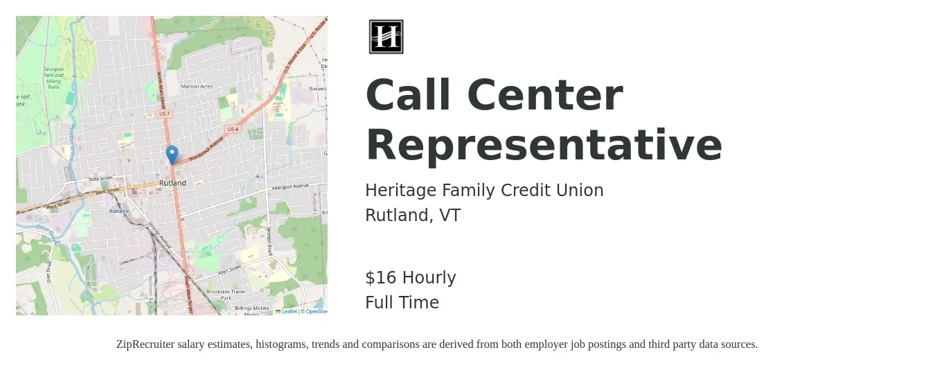 Heritage Family Credit Union job posting for a Call Center Representative in Rutland, VT with a salary of $17 Hourly with a map of Rutland location.