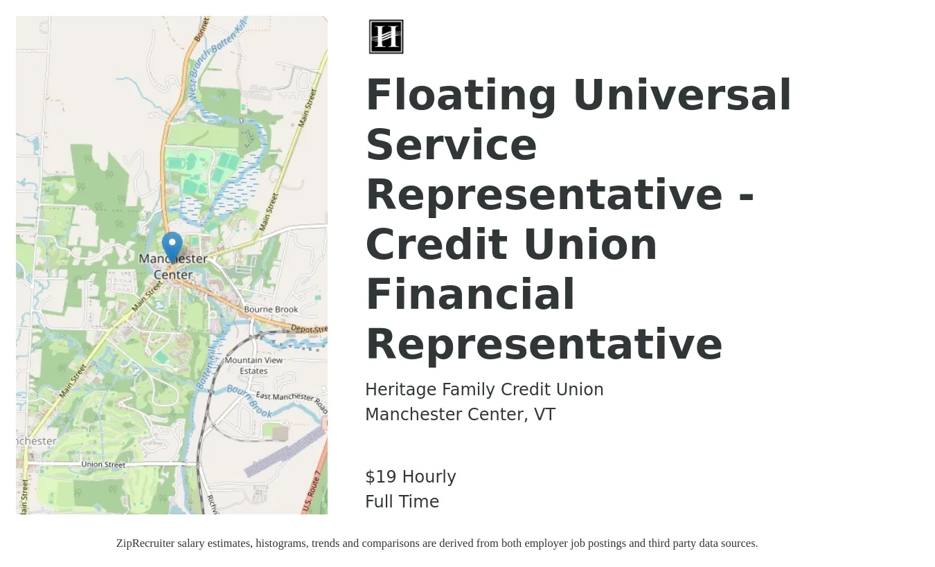 Heritage Family Credit Union job posting for a Floating Universal Service Representative - Credit Union Financial Representative in Manchester Center, VT with a salary of $20 Hourly with a map of Manchester Center location.