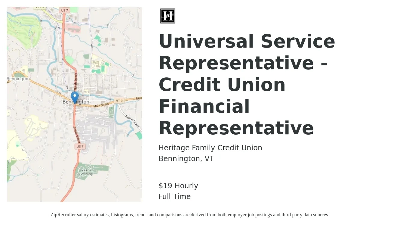 Heritage Family Credit Union job posting for a Universal Service Representative - Credit Union Financial Representative in Bennington, VT with a salary of $20 Hourly with a map of Bennington location.