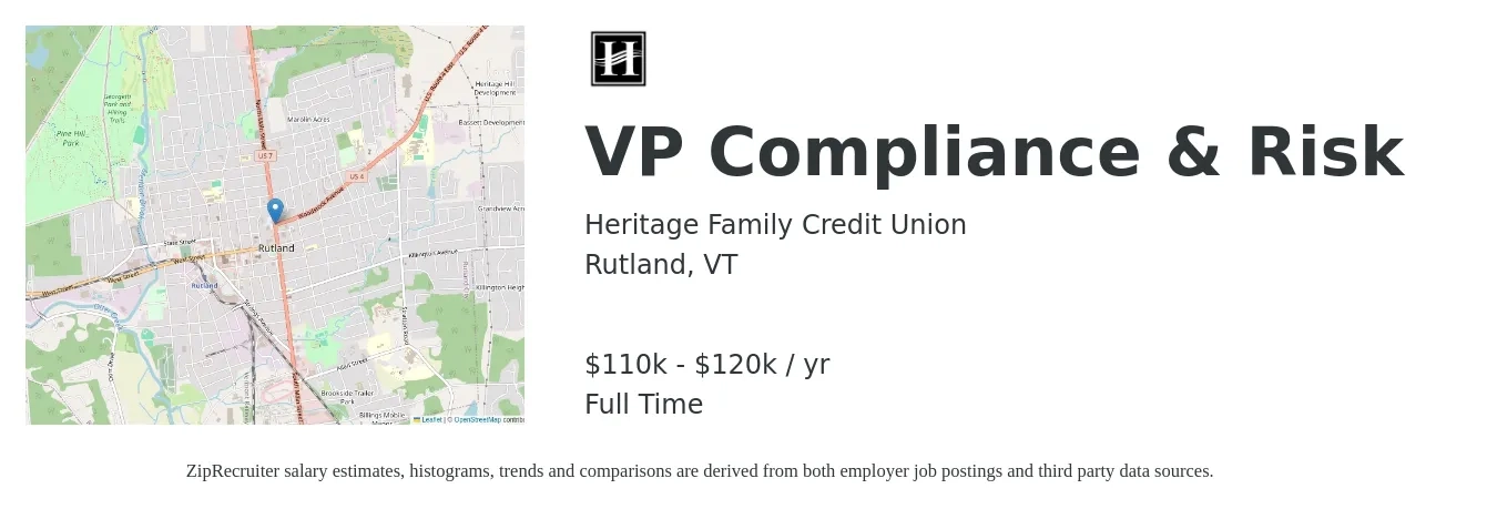 Heritage Family Credit Union job posting for a VP Compliance & Risk in Rutland, VT with a salary of $110,000 to $120,000 Yearly with a map of Rutland location.