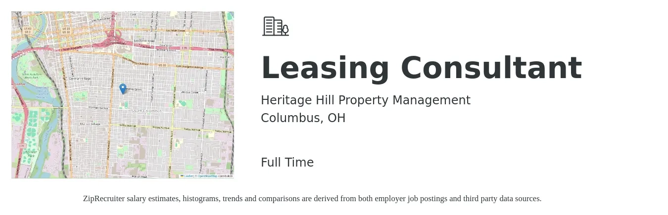 Heritage Hill Property Management job posting for a Leasing Consultant in Columbus, OH with a salary of $16 to $18 Hourly with a map of Columbus location.
