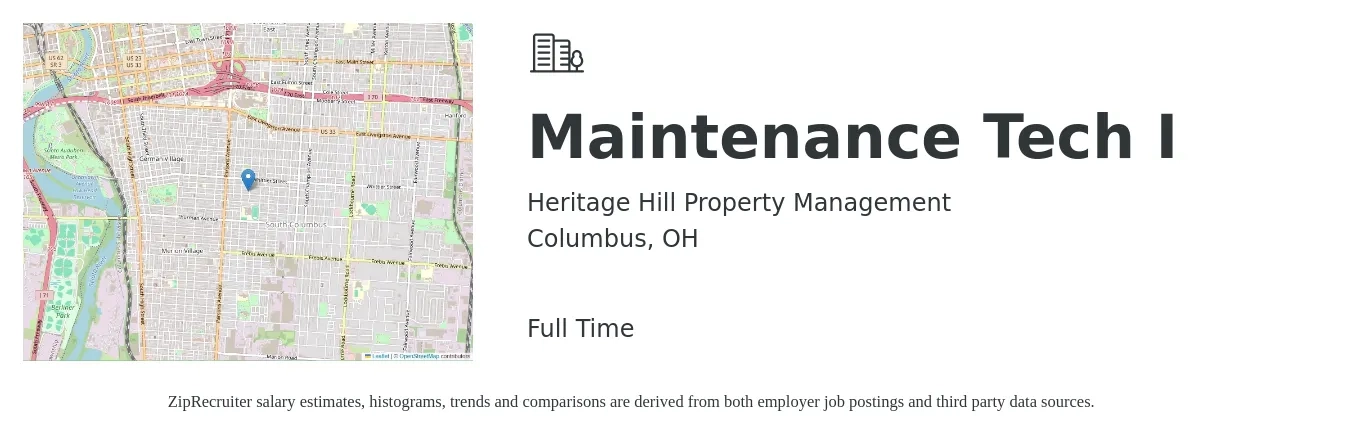 Heritage Hill Property Management LLC job posting for a Maintenance Tech I in Columbus, OH with a salary of $18 to $24 Hourly with a map of Columbus location.