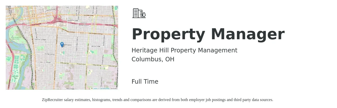 Heritage Hill Property Management job posting for a Property Manager in Columbus, OH with a salary of $40,300 to $62,300 Yearly with a map of Columbus location.