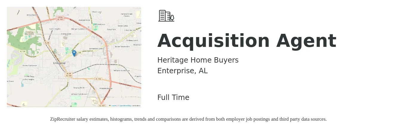 Heritage Home Buyers job posting for a Acquisition Agent in Enterprise, AL with a salary of $1,615 Weekly with a map of Enterprise location.