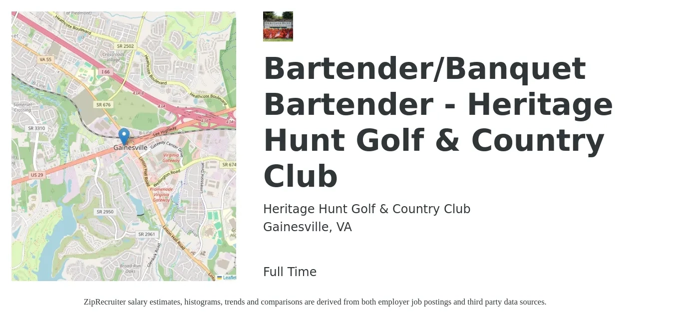 Heritage Hunt Golf & Country Club job posting for a Bartender/Banquet Bartender - Heritage Hunt Golf & Country Club in Gainesville, VA with a salary of $13 to $19 Hourly with a map of Gainesville location.
