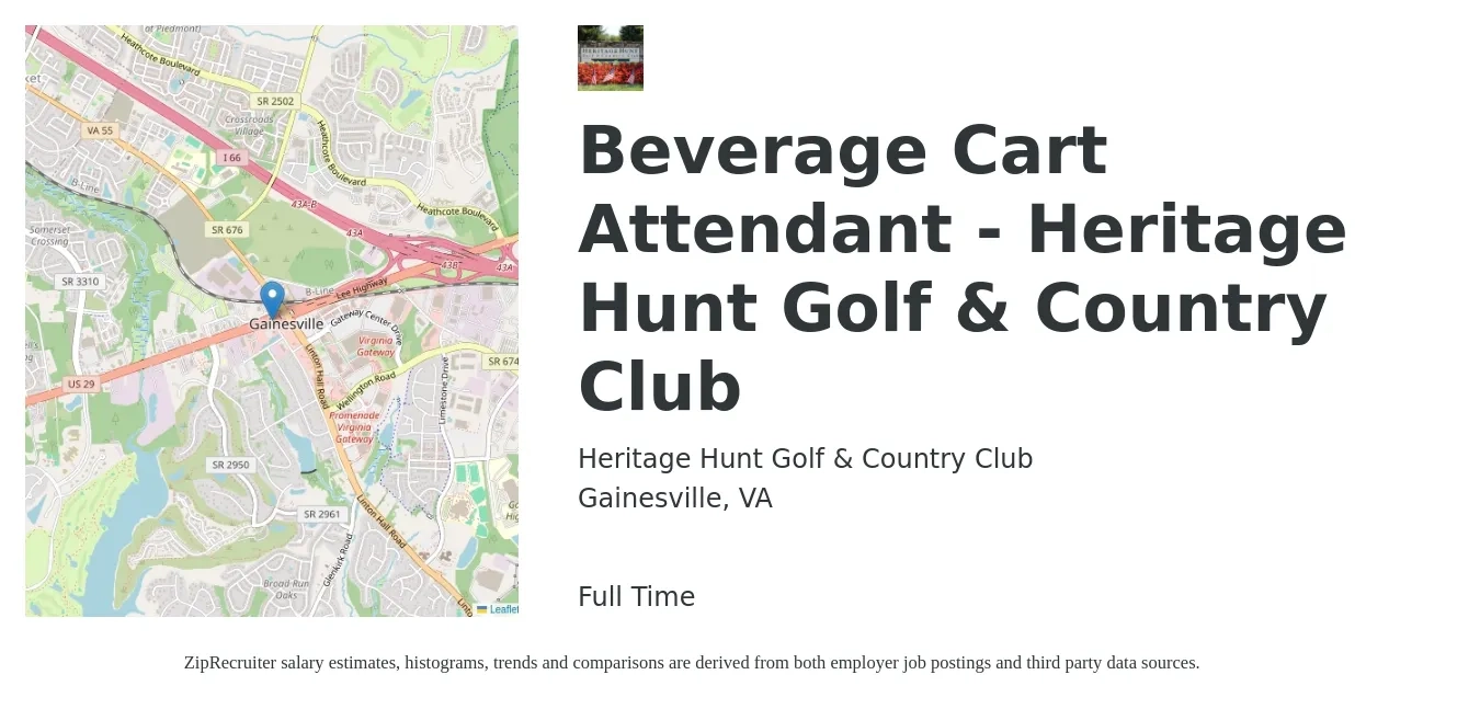Heritage Hunt Golf & Country Club job posting for a Beverage Cart Attendant - Heritage Hunt Golf & Country Club in Gainesville, VA with a salary of $14 to $17 Hourly with a map of Gainesville location.