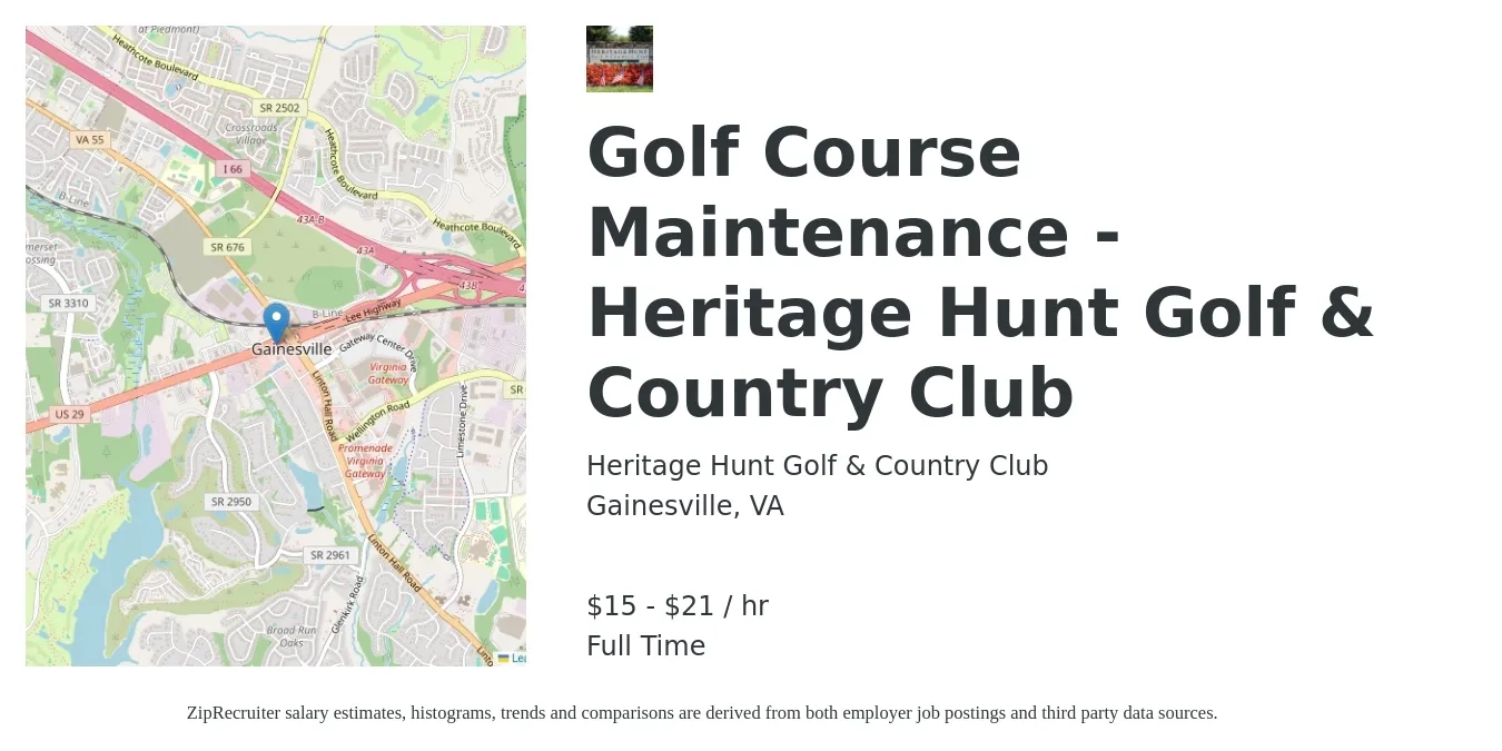 Heritage Hunt Golf & Country Club job posting for a Golf Course Maintenance - Heritage Hunt Golf & Country Club in Gainesville, VA with a salary of $16 to $22 Hourly with a map of Gainesville location.