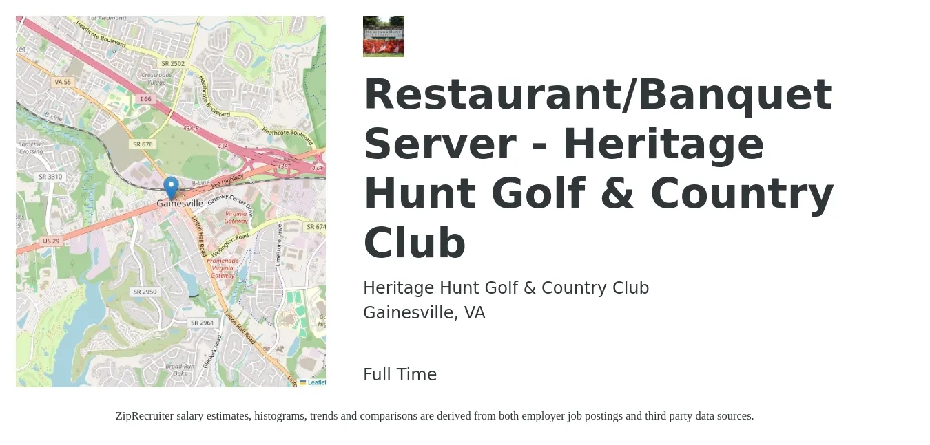 Heritage Hunt Golf & Country Club job posting for a Restaurant/Banquet Server - Heritage Hunt Golf & Country Club in Gainesville, VA with a salary of $14 to $18 Hourly with a map of Gainesville location.