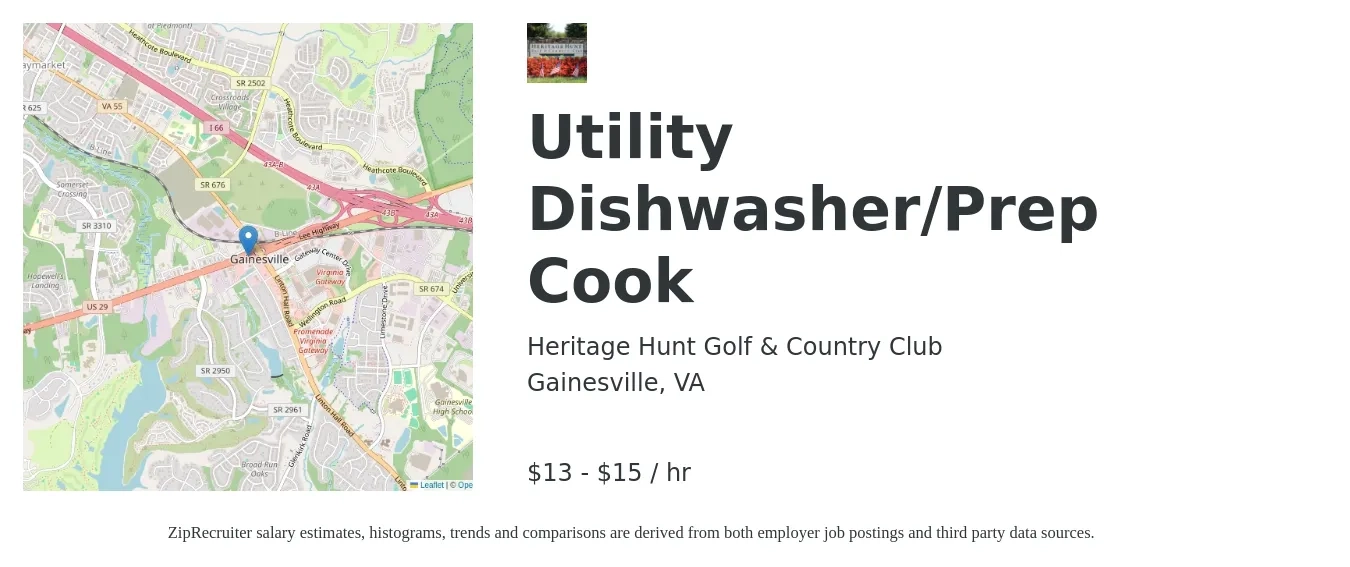 Heritage Hunt Golf & Country Club job posting for a Utility Dishwasher/Prep Cook in Gainesville, VA with a salary of $14 to $16 Hourly with a map of Gainesville location.