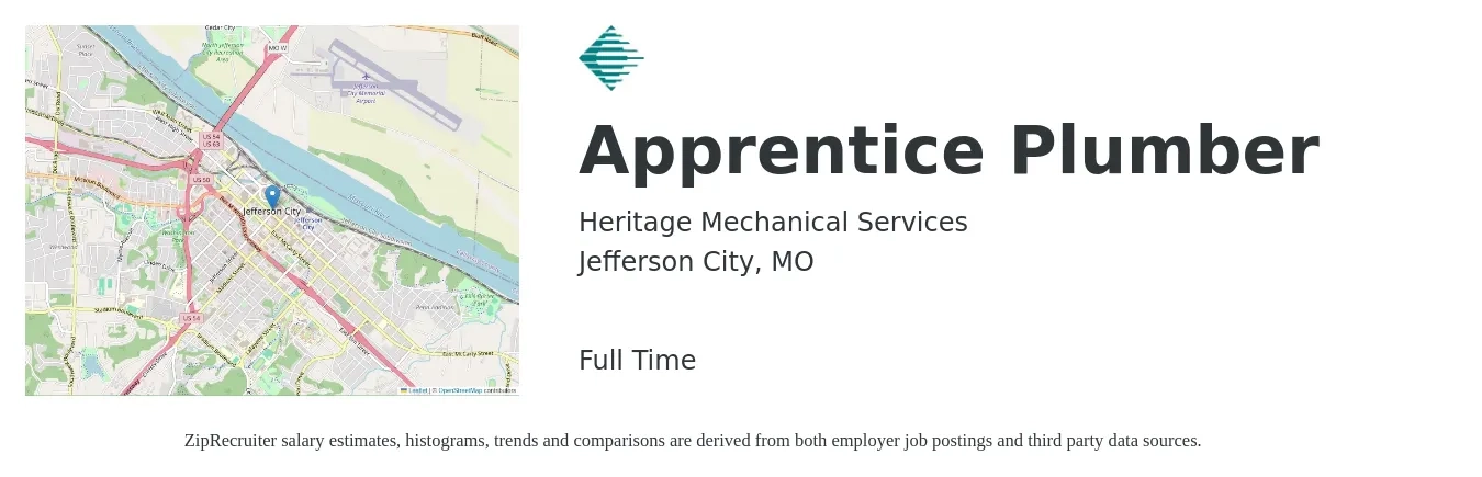 Heritage Mechanical Services job posting for a Apprentice Plumber in Jefferson City, MO with a salary of $16 to $20 Weekly with a map of Jefferson City location.