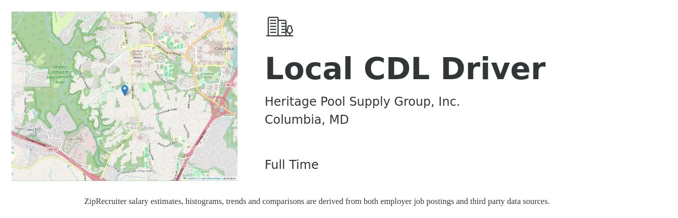 Heritage Pool Supply Group job posting for a Local CDL Driver in Columbia, MD with a salary of $25 to $36 Hourly with a map of Columbia location.